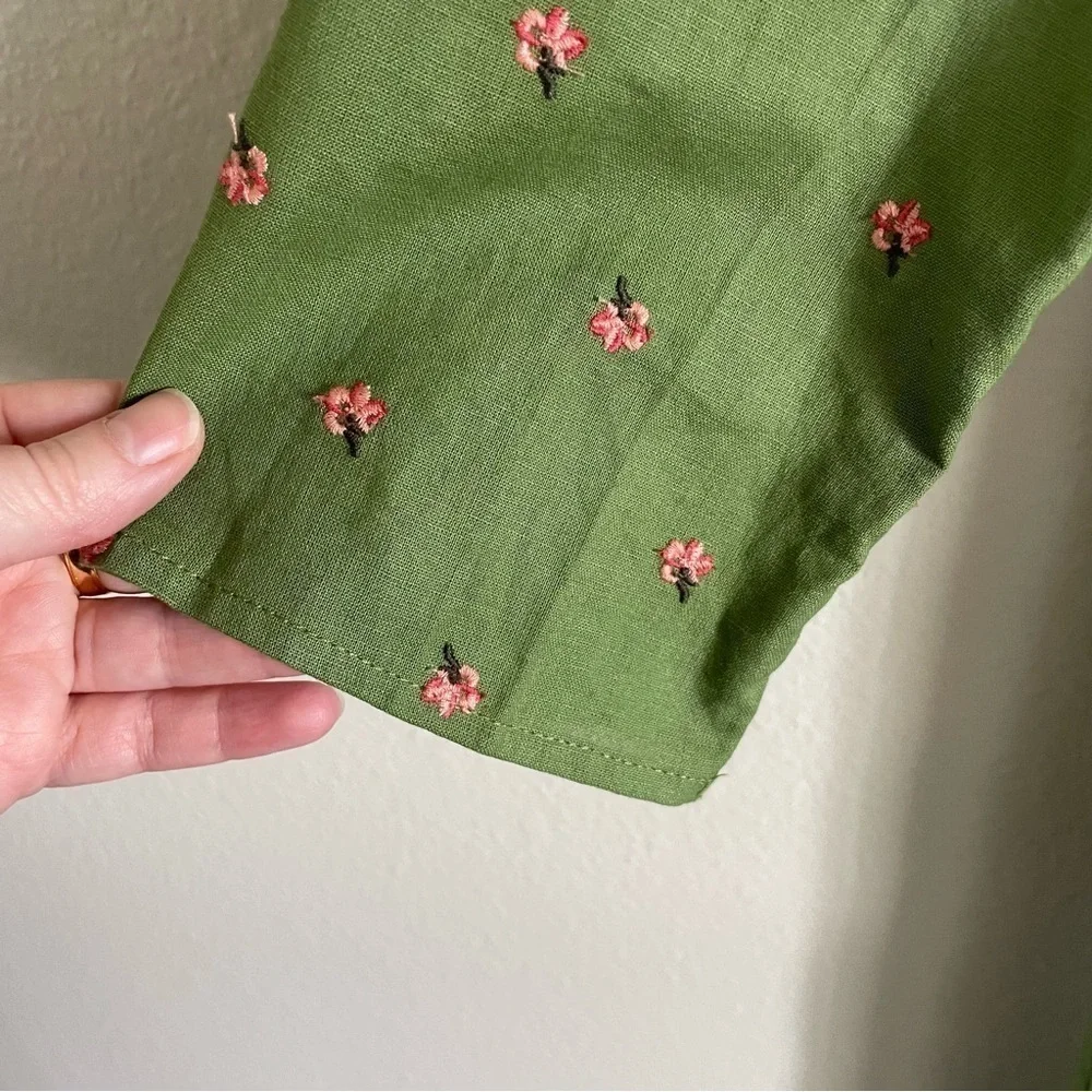 Soolinen Floral Embroidered Belted Midi Button Front Dress Green Size Large